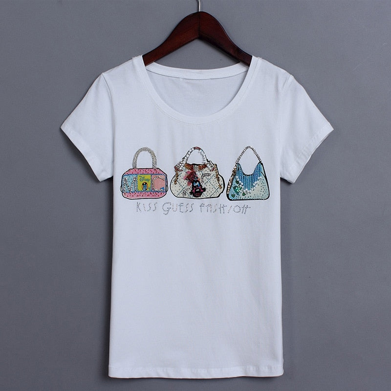 Women 2019 Summer Short Sleeve Sequined beaded bag Print T shirts Fashion slim WhiteTop Tees Women Designer Clothi