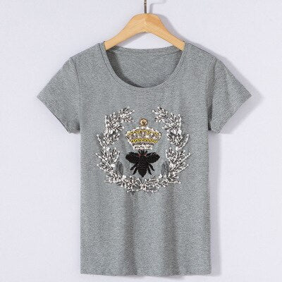 Women 2019 Summer Short Sleeve Sequined beaded bag Print T shirts Fashion slim WhiteTop Tees Women Designer Clothi