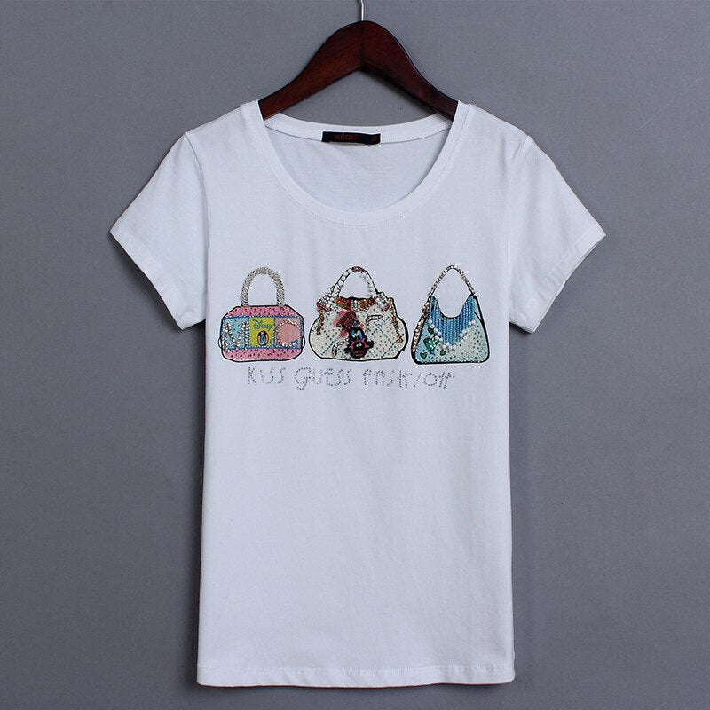 Women 2019 Summer Short Sleeve Sequined beaded bag Print T shirts Fashion slim WhiteTop Tees Women Designer Clothi