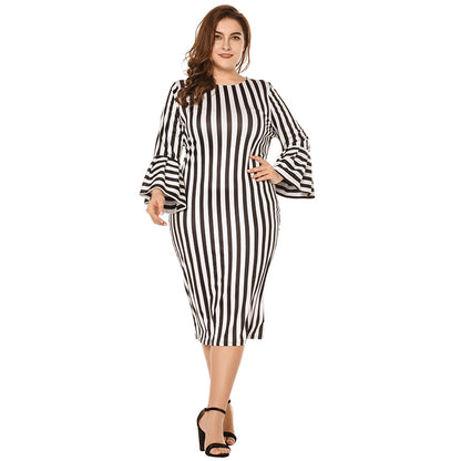 Women Bandage Dress 3XL 4XL 5XL Plus Size Bodycon Dress Striped Print Flare Sleeve Ruffle O Neck Elegant Ladies Office Work Wear