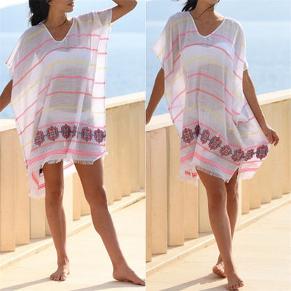 Women Bikini Cover Up Boho Style Party Short Mini Dress Summer Beach Dress Casual Loose Striped Sundress Tassels Beach Cover Up