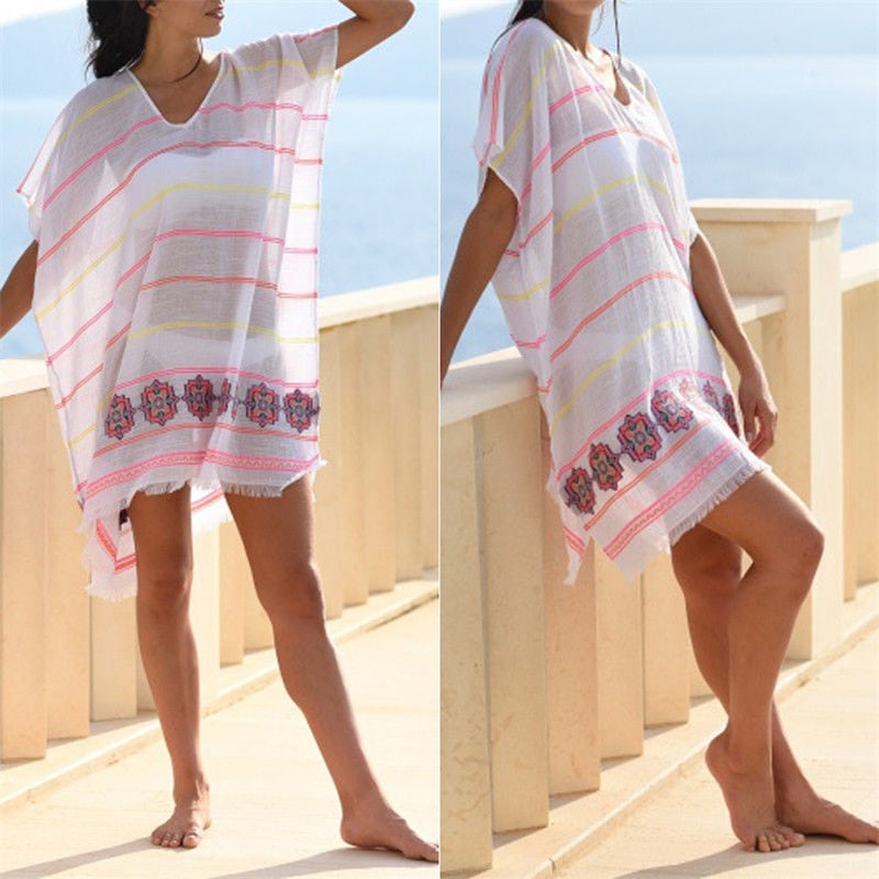 Women Bikini Cover Up Boho Style Party Short Mini Dress Summer Beach Dress Casual Loose Striped Sundress Tassels Beach Cover Up