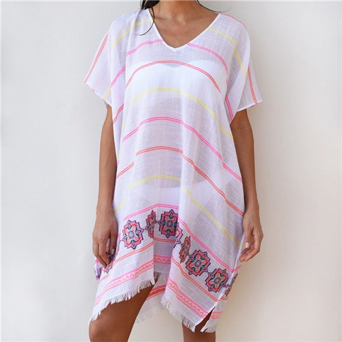 Women Bikini Cover Up Boho Style Party Short Mini Dress Summer Beach Dress Casual Loose Striped Sundress Tassels Beach Cover Up