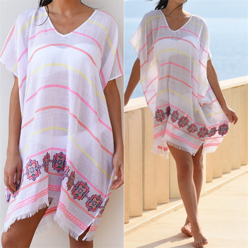 Women Bikini Cover Up Boho Style Party Short Mini Dress Summer Beach Dress Casual Loose Striped Sundress Tassels Beach Cover Up