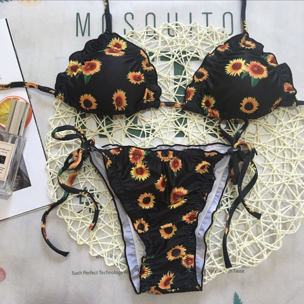 Women Bikini Set Bandage Push-up Padded Bra Swimsuit Swimwear Bathing Suit Sunflower Pineapple Strawberry Print Mujer Biquini