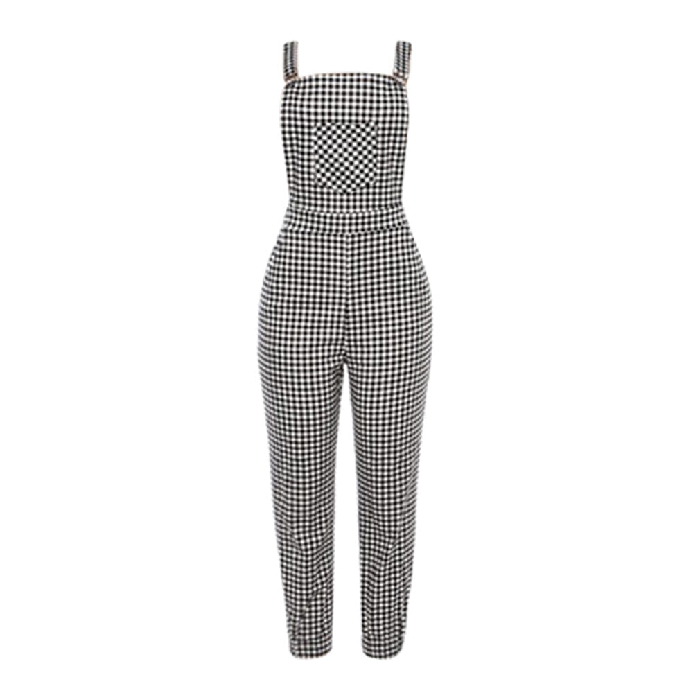 Women Black White Plaid Jumpsuit Ladies Casual Sleeveless Dungarees Long Pants Summer High Waist Jumpsuits Overalls #BF