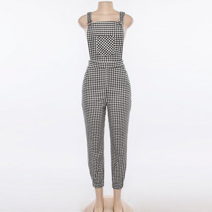 Women Black White Plaid Jumpsuit Ladies Casual Sleeveless Dungarees Long Pants Summer High Waist Jumpsuits Overalls #BF