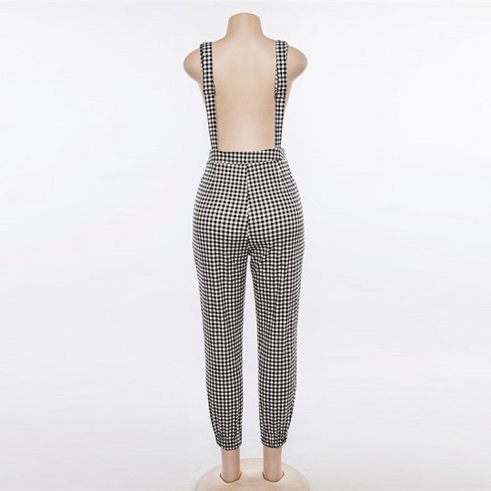 Women Black White Plaid Jumpsuit Ladies Casual Sleeveless Dungarees Long Pants Summer High Waist Jumpsuits Overalls #BF