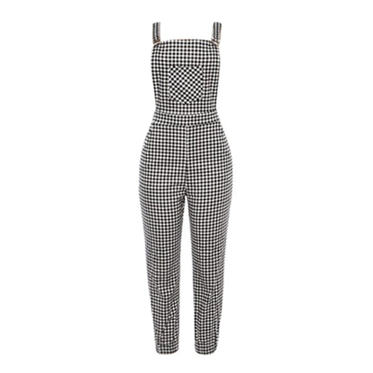 Women Black White Plaid Jumpsuit Ladies Casual Sleeveless Dungarees Long Pants Summer High Waist Jumpsuits Overalls #BF