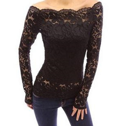 Women Blouses Lace 2017 Summer Black White Blue Red Off Shoulder Long Sleeve Lace Shirt Top Plus Size XXXL XXXXL Summer Clothing