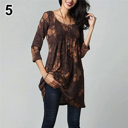 Women Blouses Long Sleeve Tops Tunic Floral Printed O Neck Pullover Blouse Autumn Spring Ruffled Casual Soft Shirt Plus Size 5XL