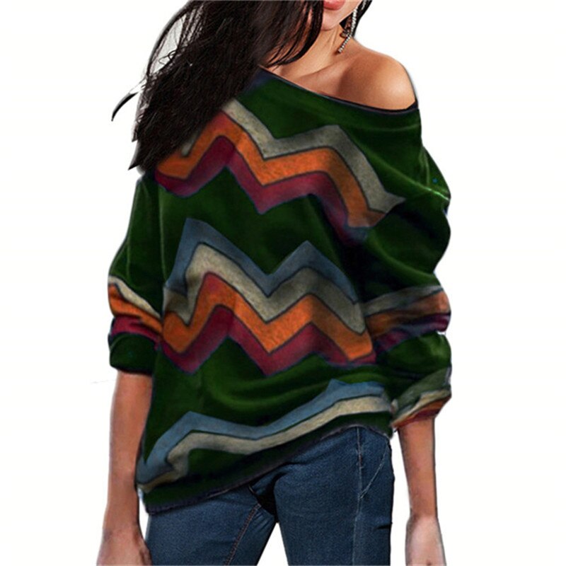 Women Blouses Off Shoulder Tops Striped Print Pullover Jumpers Casual Knitted Tops Long Sleeve Blouse Shirt Camiseta Mujer