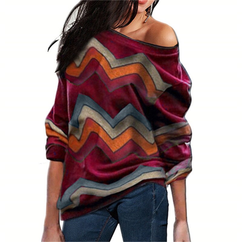 Women Blouses Off Shoulder Tops Striped Print Pullover Jumpers Casual Knitted Tops Long Sleeve Blouse Shirt Camiseta Mujer