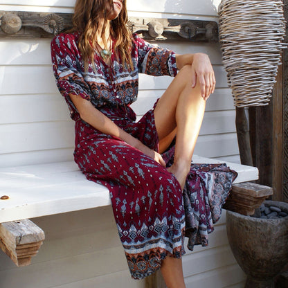 Women Bohemia V-neck Three Quarter Sleeve Floral Print Ethnic Autumn Beach Boho Long Dress Retro Hippie Vestidos Boho Dress