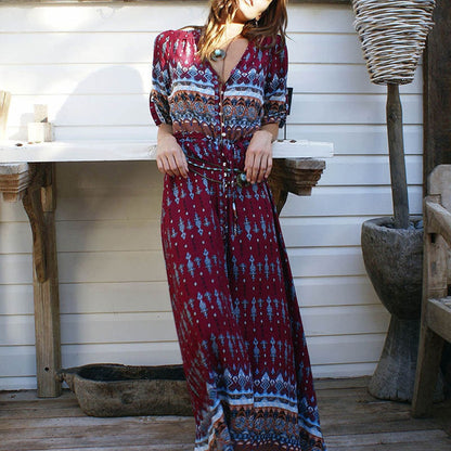 Women Bohemia V-neck Three Quarter Sleeve Floral Print Ethnic Autumn Beach Boho Long Dress Retro Hippie Vestidos Boho Dress