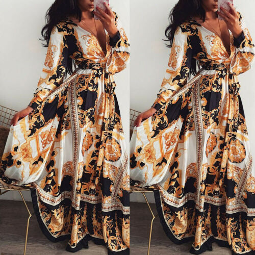 Women Boho Wrap Summer Lond Dress Holiday Maxi Loose Sundress Floral Print V-neck Long Sleeve Elegante Dresses Cocktail Party