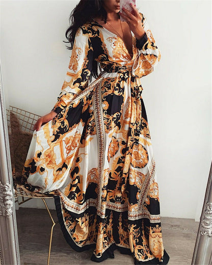 Women Boho Wrap Summer Lond Dress Holiday Maxi Loose Sundress Floral Print V-neck Long Sleeve Elegante Dresses Cocktail Party