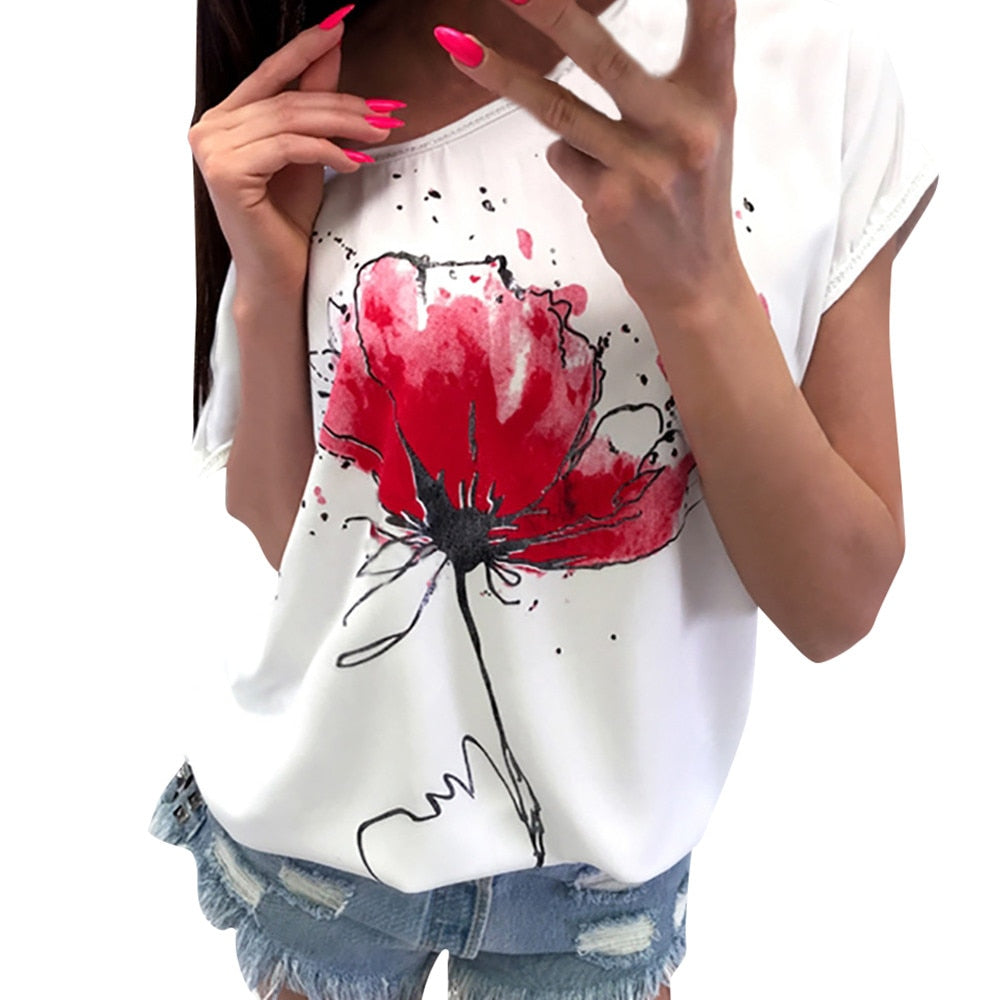 Women Casual Floral Print Vrouwen T-Shirt Short Sleeve Loose Top Shirt Tee Camisa De T Das Mulheres#LSJ