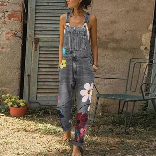 Denim Floral Printed Pocket Casual Jumpsuit