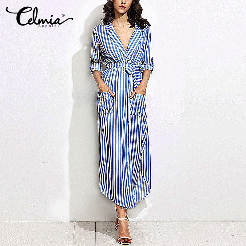 Women Elegant Vertical Striped Long Shirt Dress Cardigan Ladies Lapel Long Sleeve Split Maxi Dresses With Belt Plus Size Vestido