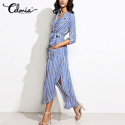 Women Elegant Vertical Striped Long Shirt Dress Cardigan Ladies Lapel Long Sleeve Split Maxi Dresses With Belt Plus Size Vestido