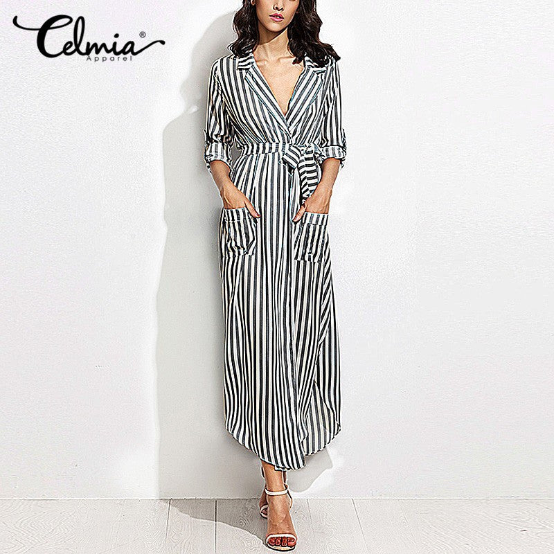 Women Elegant Vertical Striped Long Shirt Dress Cardigan Ladies Lapel Long Sleeve Split Maxi Dresses With Belt Plus Size Vestido