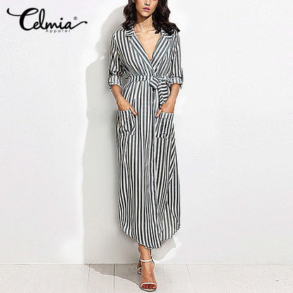 Women Elegant Vertical Striped Long Shirt Dress Cardigan Ladies Lapel Long Sleeve Split Maxi Dresses With Belt Plus Size Vestido