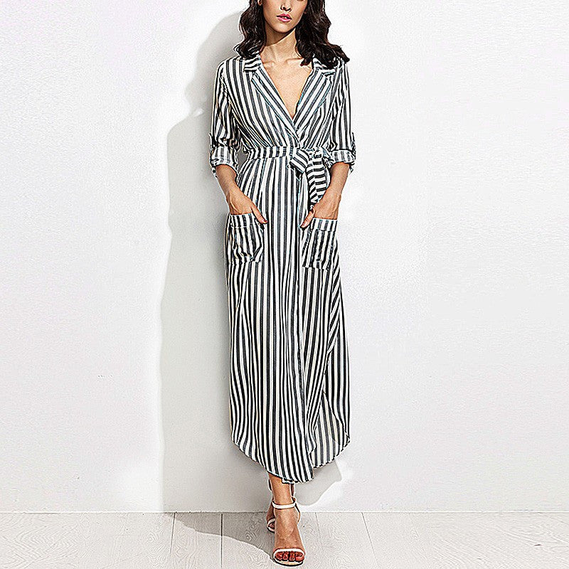 Women Elegant Vertical Striped Long Shirt Dress Cardigan Ladies Lapel Long Sleeve Split Maxi Dresses With Belt Plus Size Vestido