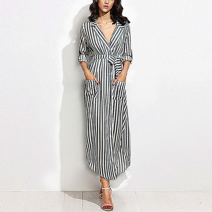 Women Elegant Vertical Striped Long Shirt Dress Cardigan Ladies Lapel Long Sleeve Split Maxi Dresses With Belt Plus Size Vestido