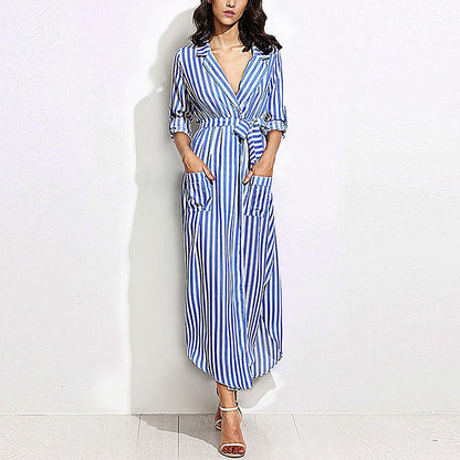 Women Elegant Vertical Striped Long Shirt Dress Cardigan Ladies Lapel Long Sleeve Split Maxi Dresses With Belt Plus Size Vestido