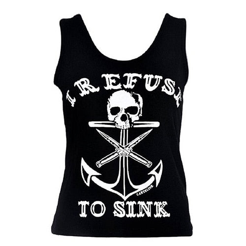 Women Fashion Black Boat Anchor Skull Printing Vest Sleeveless Blouse Tank Tops