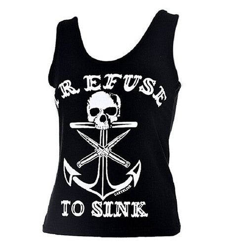 Women Fashion Black Boat Anchor Skull Printing Vest Sleeveless Blouse Tank Tops