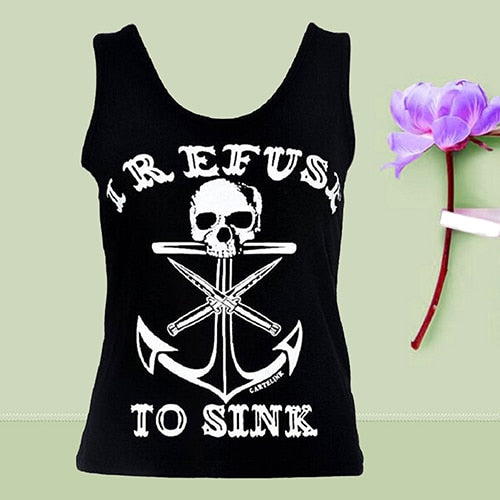 Women Fashion Black Boat Anchor Skull Printing Vest Sleeveless Blouse Tank Tops