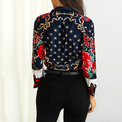 Women Floral &amp; Chains Print Casual Blouse Bohemian Chiffon Turn-down Collar Streetwear Elegant Office Lady Spring Autumn Shirts