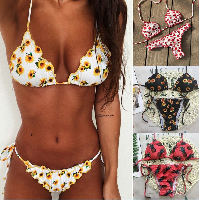 Women Floral Padded Bikini Swimwear Sunflower Pineapple Monokini Bikinis Set Bathing Suit Swimsuit Beachwear Summer