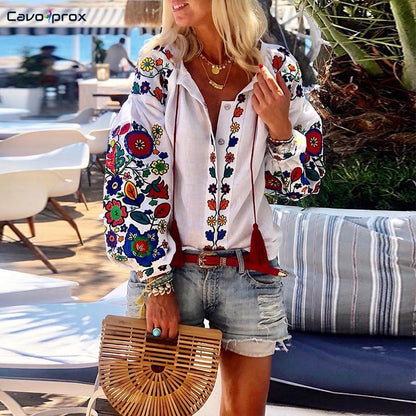 Women Floral Print Lantern Sleeve Blouse Bohemian Style Embroidery O-Neck Long Sleeve Fashion New Trends Spring Fall Shirt