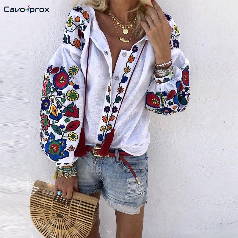 Women Floral Print Lantern Sleeve Blouse Bohemian Style Embroidery O-Neck Long Sleeve Fashion New Trends Spring Fall Shirt