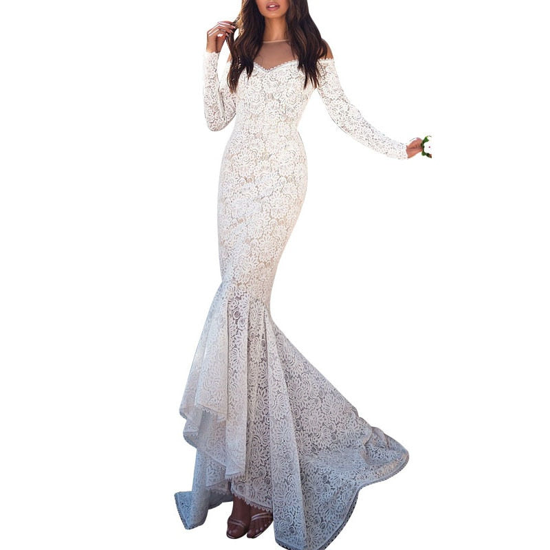 Women Floral White Lace Long Dress Mermaid Paty Dress Maxi Skinny Long Sleeve Bodycon Dress Vestidos De Fiesta Spring Summer