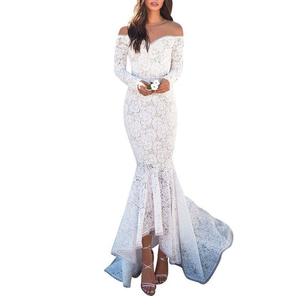 Women Floral White Lace Long Dress Mermaid Paty Dress Maxi Skinny Long Sleeve Bodycon Dress Vestidos De Fiesta Spring Summer