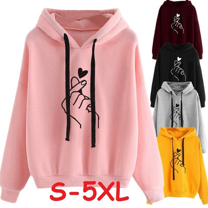 Women Hoodies Casual Kpop Finger Heart Love Pattern Hooded Sweatshirts Fashion Drawstring Long Sleeve Female Pullovers Plus Size