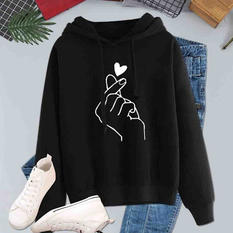 Women Hoodies Casual Kpop Finger Heart Love Pattern Hooded Sweatshirts Fashion Drawstring Long Sleeve Female Pullovers Plus Size