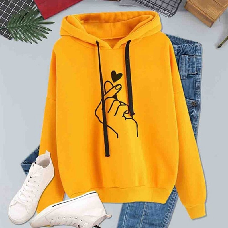 Women Hoodies Casual Kpop Finger Heart Love Pattern Hooded Sweatshirts Fashion Drawstring Long Sleeve Female Pullovers Plus Size