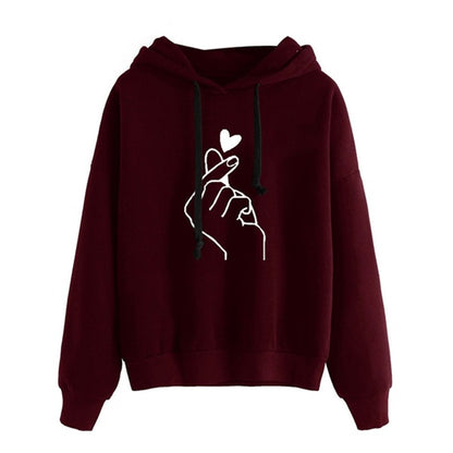 Women Hoodies Casual Kpop Finger Heart Love Pattern Hooded Sweatshirts Fashion Drawstring Long Sleeve Female Pullovers Plus Size