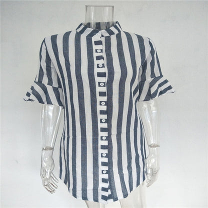 Women Horn Sleeve Striped Half Sleeve Tops Long Blouse Ladies striped trumpet sleeves long shirt top