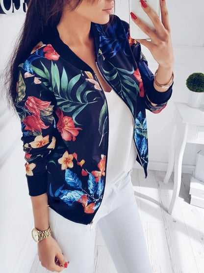 Women Jacket Fashion Ladies Retro Floral Zipper Up Bomber Jacket Casual Coat Autumn Spring Print Outwear Women Clothes