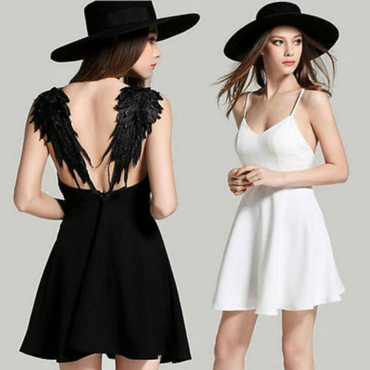 Women Lace Wings Party Evening Bodycon Dresses Summer  Sleeveless Short Mini DressBlack M UK6-8