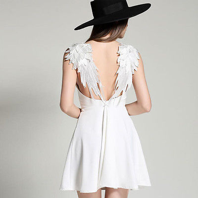 Women Lace Wings Party Evening Bodycon Dresses Summer  Sleeveless Short Mini DressBlack M UK6-8