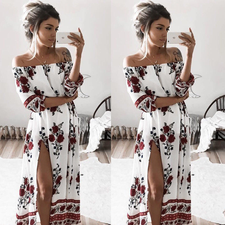 Women Ladies Clothing Dress Chiffon Floral Long Sleeve Party Flower Casual Long Maxi Dresses Women Summer Sundress