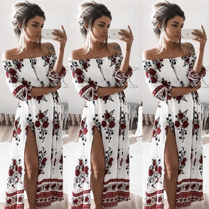 Women Ladies Clothing Dress Chiffon Floral Long Sleeve Party Flower Casual Long Maxi Dresses Women Summer Sundress