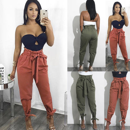 Women Ladies Fashion Harem Casual Straight Elastic High Waist Full Trousers Loose Long Pants Red Green